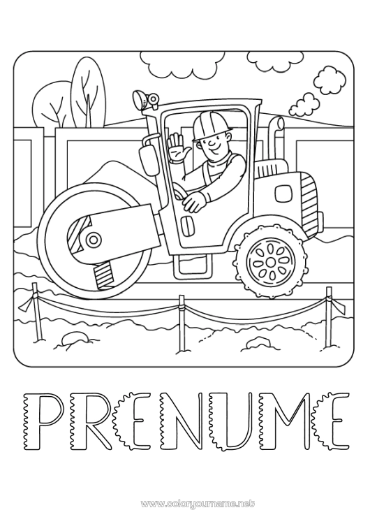 Pagină de colorat de imprimat Vehicule Utilaje de construcție Meserii de șantier Rola compresoare