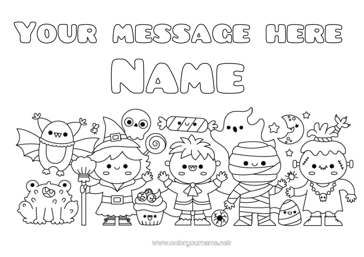 Coloring page to print Bat Ghost Monster Mummy Witch Halloween Kawaii Flying birds and mammals Frankenstein