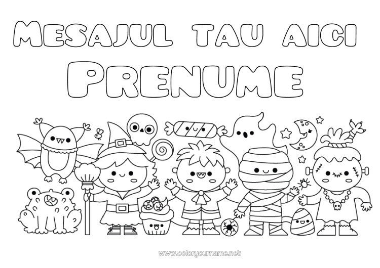 Pagină de colorat de imprimat Liliac Fantomă Monstru Mumie Vrăjitoare Halloween Drăguț Păsări și mamifere zburătoare Frankenstein