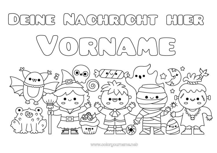 Malvorlage zum Ausdrucken Fledermaus Geist Monster Mumie Hexe Halloween Kawaii Vögel und fliegende Säugetiere Frankenstein