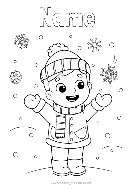 Colouring page to print Snow Winter Boy Child Snowflakes