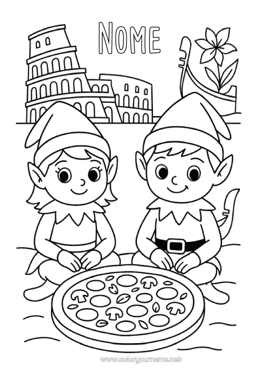 Pagina da colorare da stampare Elfo di Natale Pagine da colorare degli elfi Italia Viaggio dell'elfo di Natale Diversi elfi birichini Folletti di Natale Viaggiatori