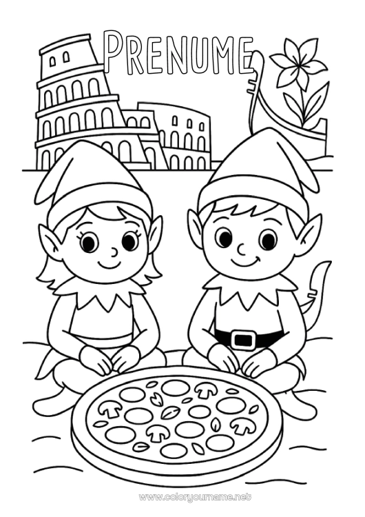 Pagină de colorat de imprimat Moșneguții de Crăciun Desene de colorat cu spiriduși Italia Călătoria elfului de Crăciun Mai mulți spiriduși poznași Desen de colorat pentru Păcălici Călători