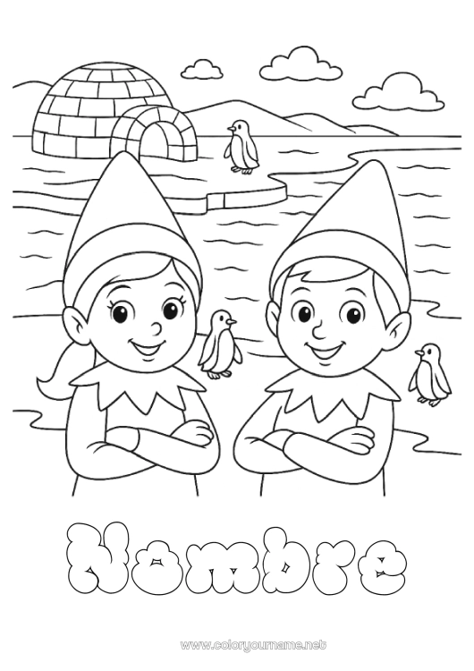 Dibujo para colorear para imprimir Elfos de navidad Dibujos de Elfos para colorear Iglús Viaje del duende navideño Laponia Varios duendes traviesos 🇪🇸 Duendes de Navidad Viajeros
