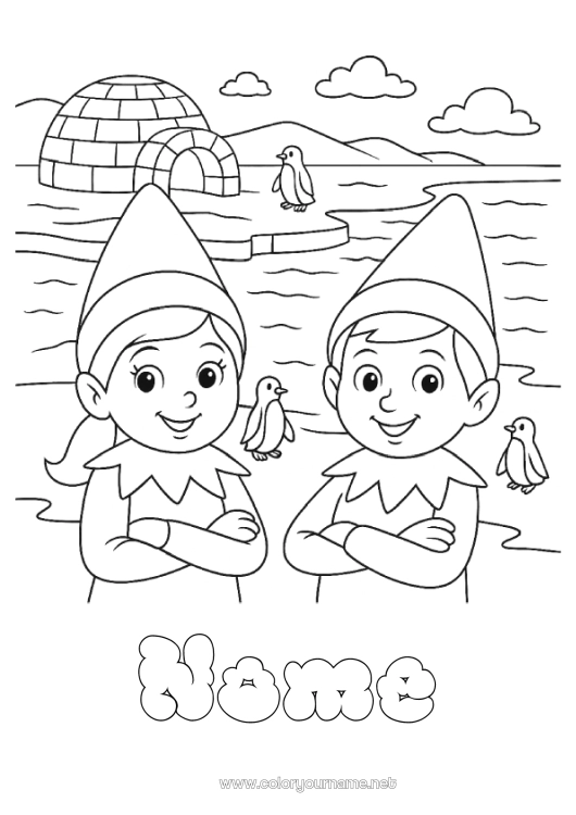 Página de desenho para imprimir Elfo de Natal Páginas para colorir de elfos Iglu Viagem do Elfo de Natal Lapônia Vários duendes travessos Duendes de Natal Viajantes