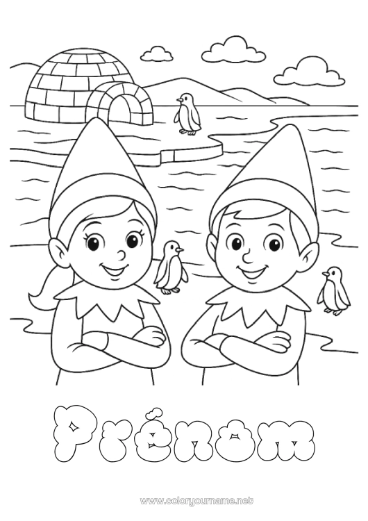 Coloriage à imprimer Lutins de Noël Coloriages lutins Igloo Voyage de lutin farceur Laponie Plusieurs lutins farceurs Coloriage Lutins farceurs Voyageurs