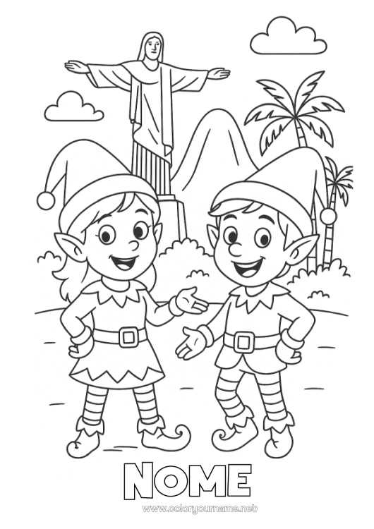 Página de desenho para imprimir Elfo de Natal Páginas para colorir de elfos Brasil Viagem do Elfo de Natal Vários duendes travessos Duendes de Natal Viajantes