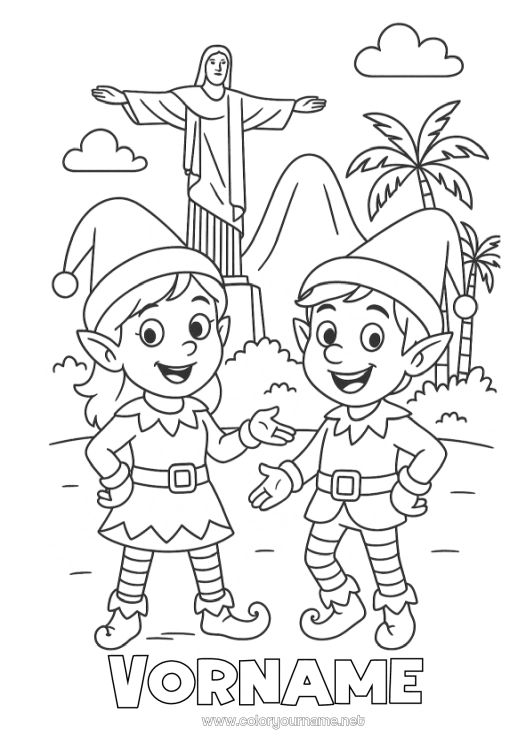 Malvorlage zum Ausdrucken Weihnachtself Elfen Ausmalbilder Brasilien Reise des Weihnachtselfen Mehrere Wichtel Reisende Weihnachtswichtel