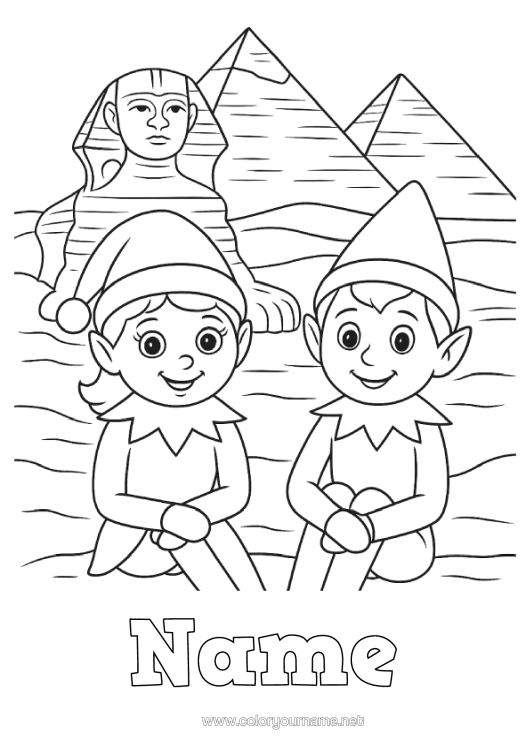 Colouring page to print Christmas Elves Elf Colouring Pages Egypt Mischievous Elf's Journey Several Mischievous Elves. Colouring Mischievous Travelling Goblins