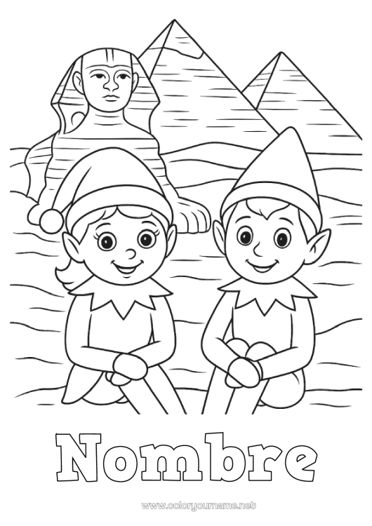 Dibujo para colorear para imprimir Elfos de navidad Dibujos de Elfos para colorear Egipto Viaje del duende navideño Varios duendes traviesos 🇪🇸 Duendes de Navidad Viajeros