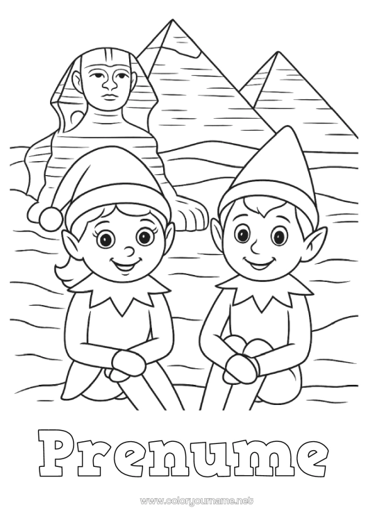 Pagină de colorat de imprimat Moșneguții de Crăciun Desene de colorat cu spiriduși Egipt Călătoria elfului de Crăciun Mai mulți spiriduși poznași Desen de colorat pentru Păcălici Călători