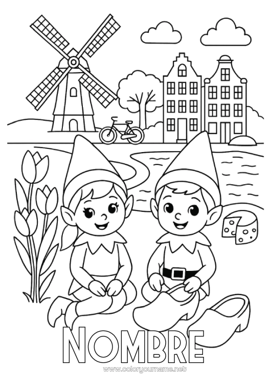 Dibujo para colorear para imprimir Elfos de navidad Dibujos de Elfos para colorear Viaje del duende navideño Países Bajos Varios duendes traviesos 🇪🇸 Duendes de Navidad Viajeros
