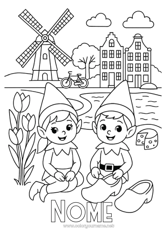 Página de desenho para imprimir Elfo De Natal Páginas Para Colorir De Elfos Viagem Do Elfo De Natal Países Baixos Vários Duendes Travessos Duendes De Natal Viajantes