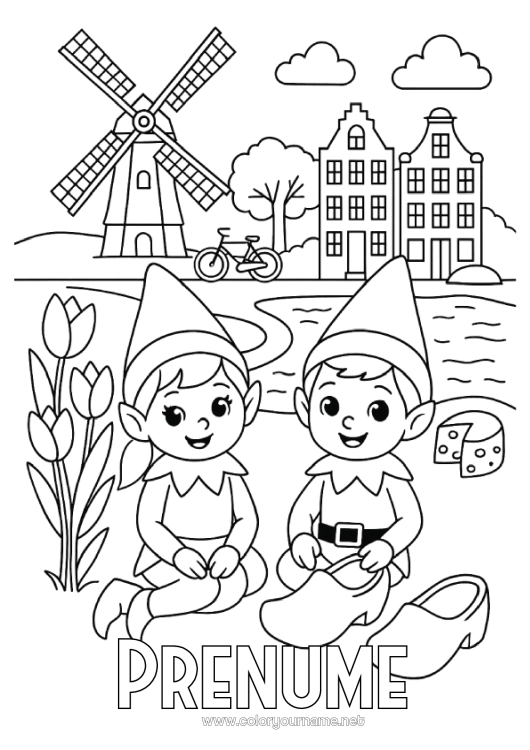 Pagină de colorat de imprimat Moșneguții de Crăciun Desene de colorat cu spiriduși Călătoria elfului de Crăciun Olanda Mai mulți spiriduși poznași Desen de colorat pentru Păcălici Călători