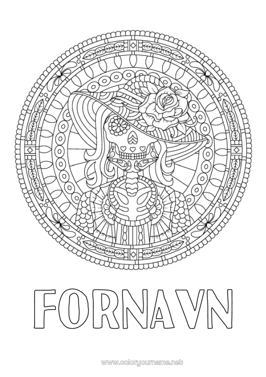 Fargeleggingssiden til utskrift Skjelett Mandala Kranium De dødes dag Mexico Zentangle Catrina Glassmaleri