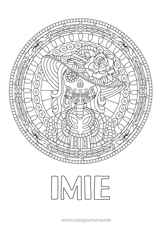 Kolorowanka do wydruku Szkielet Mandala Czaszka Dzień Zmarłych Meksyk Zentangle Catrina Witraż