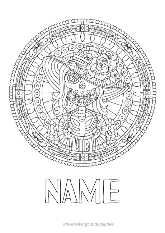 Coloring page to print Skeleton Mandala Skull Día de los Muertos Mexico Zentangle Catrina Stained glass