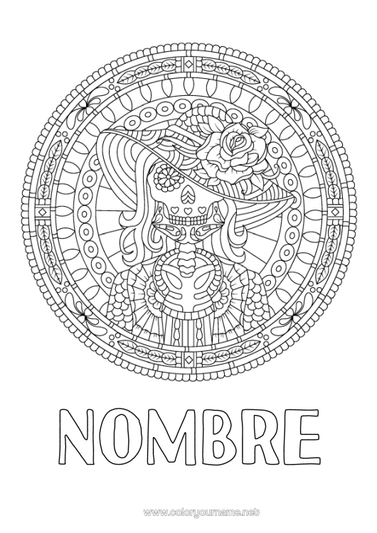 Dibujo para colorear para imprimir Esqueleto Mandala Calavera Día de los Muertos México Zentangle Catrina Vitrail se traduit en espagnol par