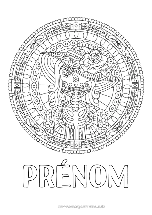 Coloriage à imprimer Squelette Mandala Crâne Día de los Muertos Mexique Zentangle Catrina Vitrail