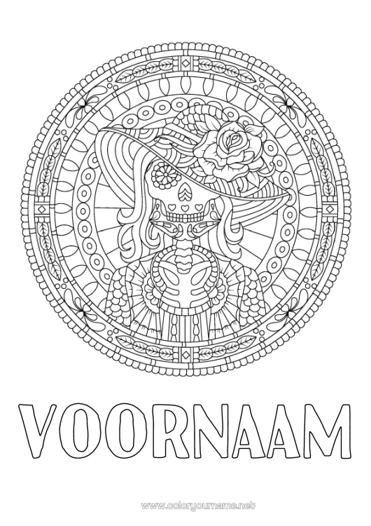 Kleurplaat om af te drukken Skelet Mandala Schedel Dia de los Muertos Mexico Zentangle Catrina Glas-in-lood