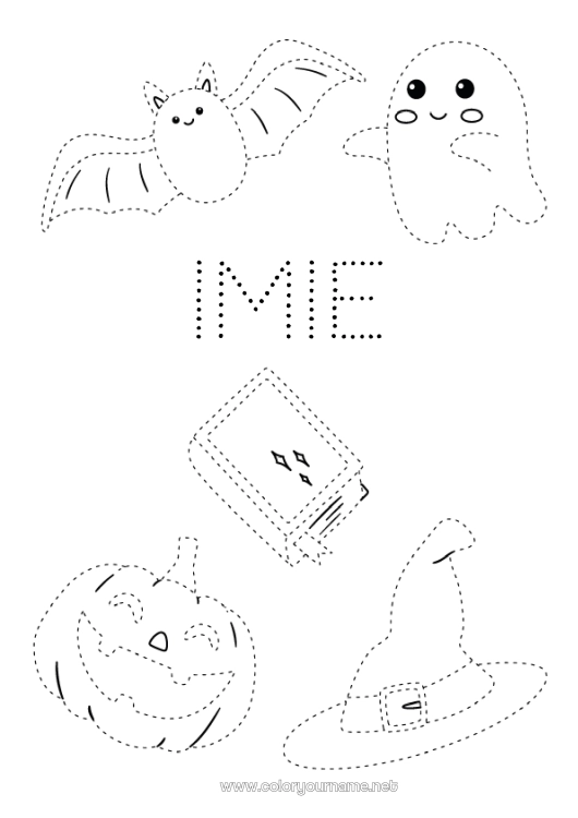 Kolorowanka do wydruku Nietoperz Duch Dynia Halloween Jack O'Lantern Aktywności dla dzieci Łatwe kolorowanki Śledź i koloruj Ptaki i latające ssaki Czapka czarodzieja