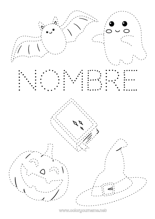 Dibujo para colorear para imprimir Murciélago Fantasma Calabaza Halloween Jack O'Lantern Actividades para niños Dibujos fáciles para colorear Trazo y color Aves y mamíferos voladores Sombrero de mago