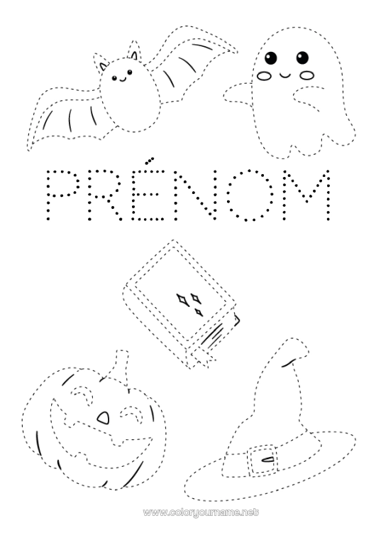 Coloriage à imprimer Chauve-souris Fantôme Citrouille Halloween Jack O'Lantern Activités enfants Coloriages faciles Trace et colorie Oiseaux et mammifères volants Chapeau de sorcier
