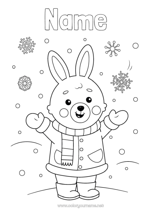Colouring page to print Winter Rabbit Snowflakes Animal Forest Animals