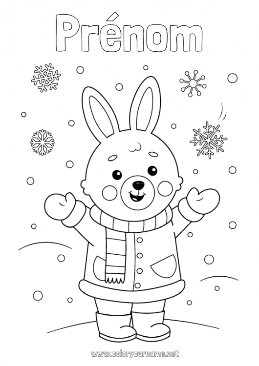 Coloriage à imprimer Hiver Lapin Flocons de neige Animal Animaux de la forêt