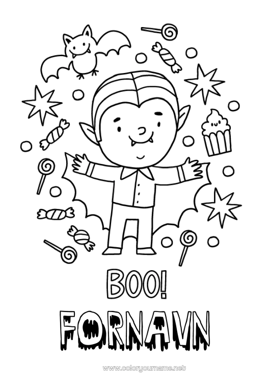 Farvelægningssiden til udskrivning Vampyr Slik Halloween Nem farvelægning Boo