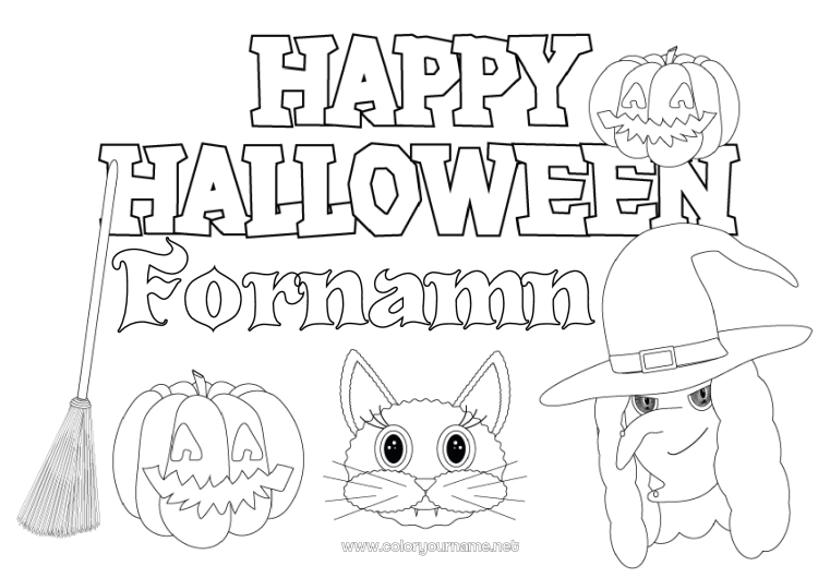 Färgläggningssida att skriva ut Broom Pumpa Häxa Svart katt Halloween Jack O'Lantern Anmälan