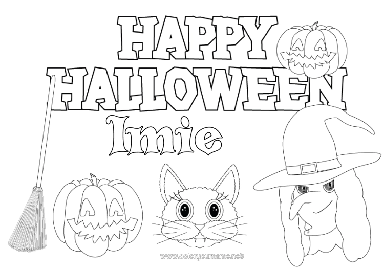 Kolorowanka do wydruku Miotła Dynia Czarownica Czarny kot Halloween Jack O'Lantern Napis 'halloween'