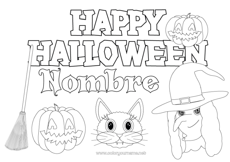 Dibujo para colorear para imprimir Escoba Calabaza Bruja Gato negro Halloween Jack O'Lantern Inscripción