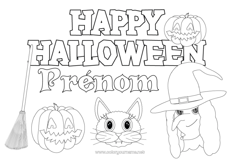 Coloriage à imprimer Balai Citrouille Sorcière Chat noir Halloween Jack O'Lantern Inscription "halloween"