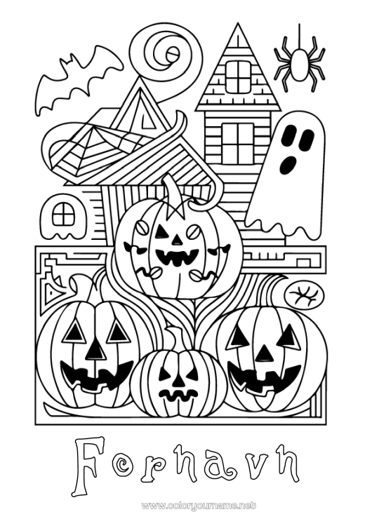 Farvelægningssiden til udskrivning Flagermus Spøgelse Græskar Edderkop Halloween Græskarlampe Zentangle Insekter Fugle og flyvende pattedyr Spøgelseshus