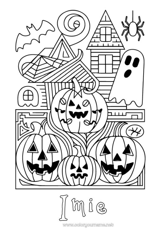 Kolorowanka do wydruku Nietoperz Duch Dynia Pająk Halloween Jack O'lantern Zentangle Owady Ptaki I Latające Ssaki Zamczysko Nawiedzone
