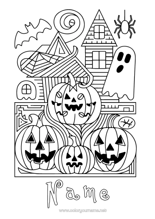 Colouring page to print Bat Ghost Pumpkin Spider Halloween Jack O'lantern Zentangle Insects Birds And Flying Mammals Haunted Manor