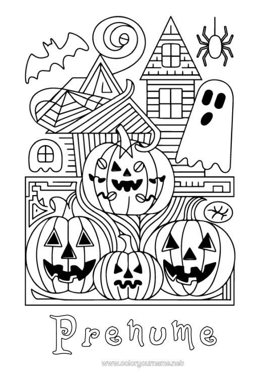 Pagină de colorat de imprimat Liliac Fantomă Dovleac Păianjen Halloween Jack cu lampa Zentangle Insecte Păsări și mamifere zburătoare Conacul bântuit