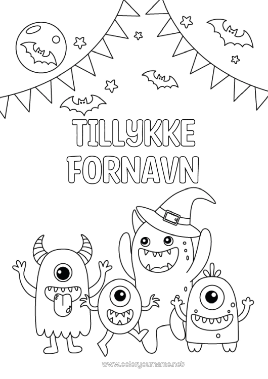 Farvelægningssiden til udskrivning Flagermus Monster Halloween Fødselsdag Fest Rumvæsen Måne Tillykke med fødselsdagen! Fugle og flyvende pattedyr
