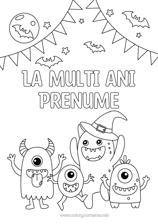 Pagină de colorat de imprimat Liliac Monstru Halloween Aniversare Sărbătoare Extraterestru Lună La mulți ani! Păsări și mamifere zburătoare