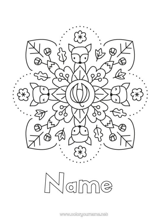 Colouring page to print Mandala Autumn Fox Animal Forest Animals