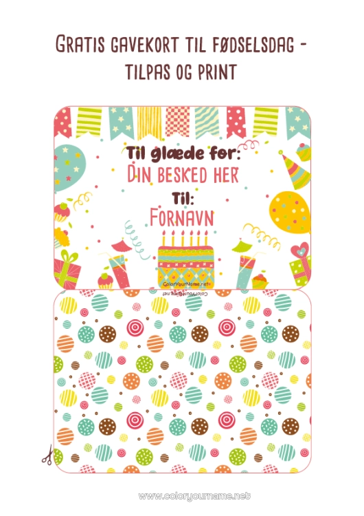 Farvelægningssiden til udskrivning Gaver Fødselsdag Fødselsdagskage Personligt gavekort til udskrivning