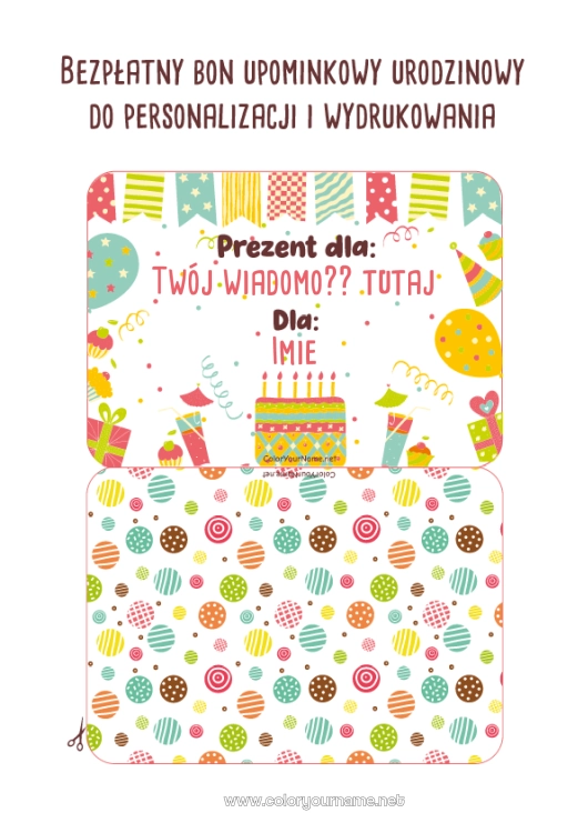 Kolorowanka do wydruku Prezenty Urodziny Tort urodzinowy Personalizowany bon podarunkowy do wydruku