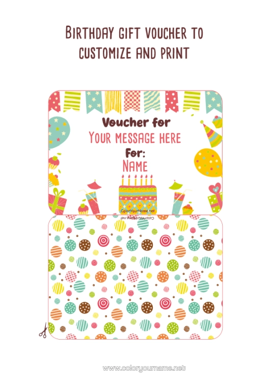 Colouring page to print Gifts Birthday Birthday Cake Custom Printable Gift Voucher