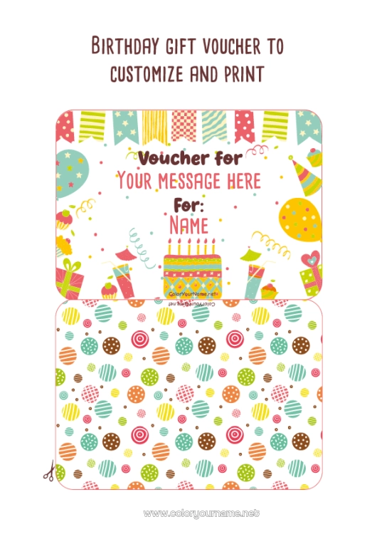 Coloring page to print Gifts Birthday Birthday cake Customizable gift voucher to print