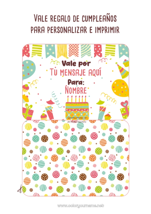 Dibujo para colorear para imprimir Regalos Cumpleaños Pastel de cumpleaños Vale de regalo personalizable para imprimir