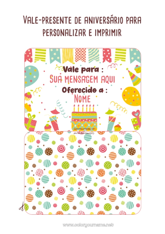 Página de desenho para imprimir Presentes Aniversário Bolo de aniversário Vale de presente personalizável para imprimir