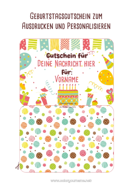 Malvorlage zum Ausdrucken Geschenke Geburtstag Geburtstagskuchen Personalisierbarer Geschenkgutschein zum Ausdrucken