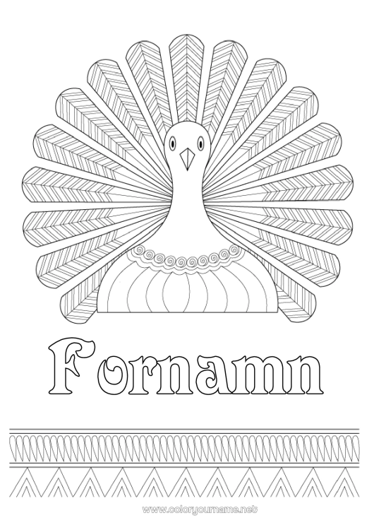 Färgläggningssida att skriva ut Tacksägelsedagen Påfågel Zentangle Fåglar och flygande däggdjur Tacksägelse kalkon