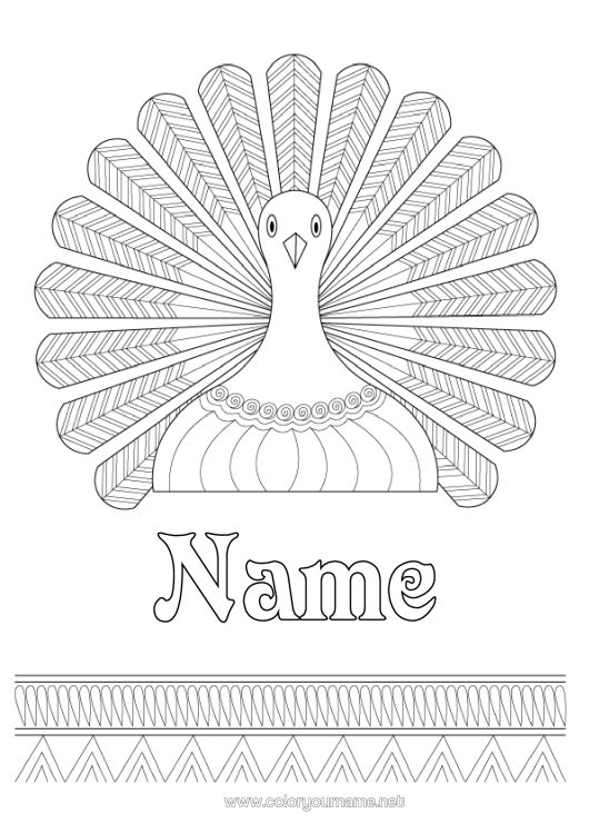 Colouring page to print Thanksgiving Animal Peacock Zentangle Birds And Flying Mammals Thanksgiving Turkey